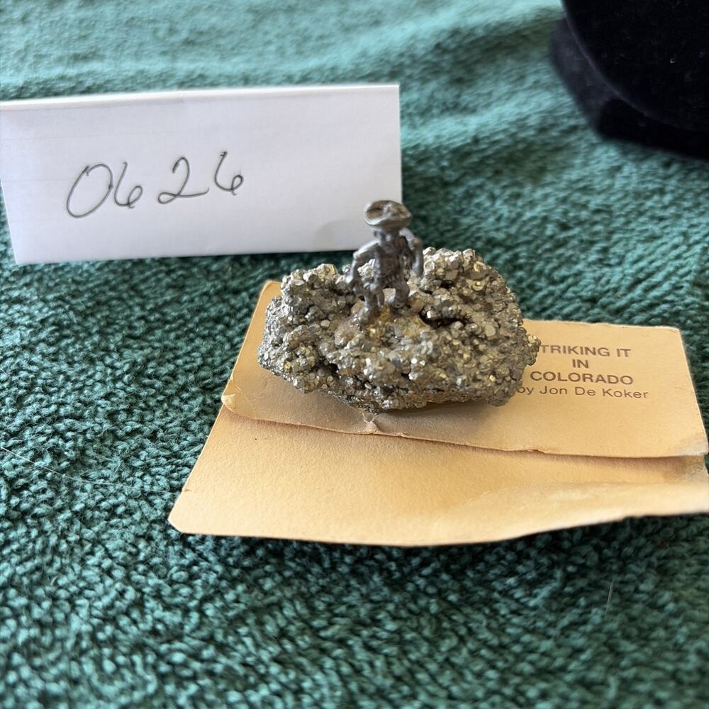 Miniature Pewter Miner Figurine On Pyrite Cluster Rock “Fools Gold” 2”